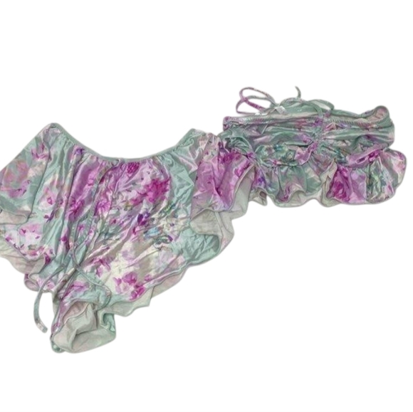 Anthropologie Floral Satin Pajama Set in Pink and Cream - Picture 7 of 9